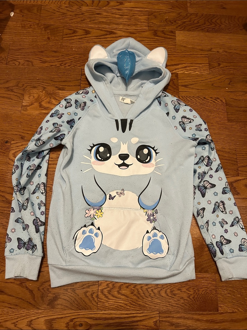 Light Blue Girls' Hooded Animal Pullover with Butterfly Sleeves